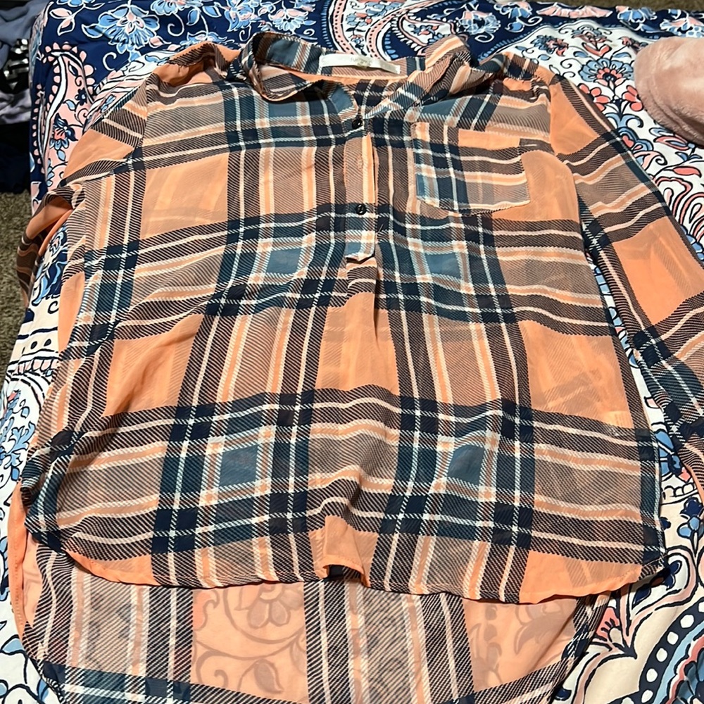 long sleeve cover top, peach & blue buttoned up